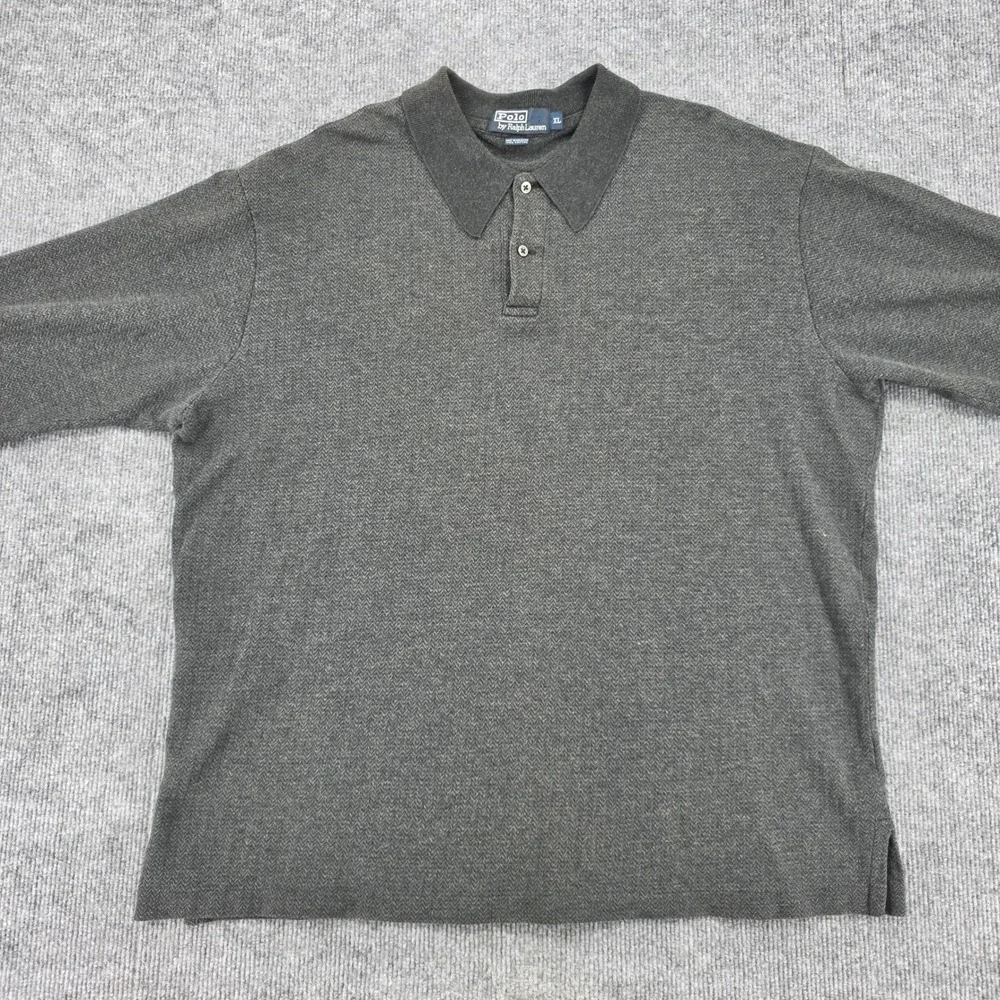Polo Ralph Lauren Mens XL Charcoal Grey Herringbone Long Sleeve Polo Shirt